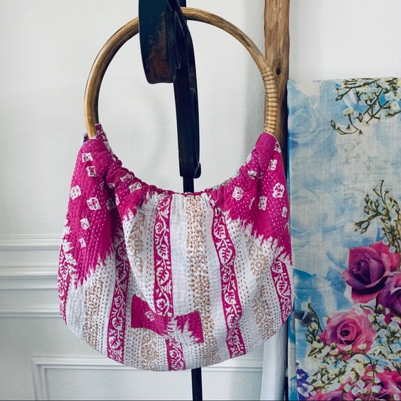 SARI-BARI BOHO PATCHWORK BEACH TOTE BAG BRUSHED COTTON OVERSIZED BAMBOO HANDLE - Picture 9 of 16